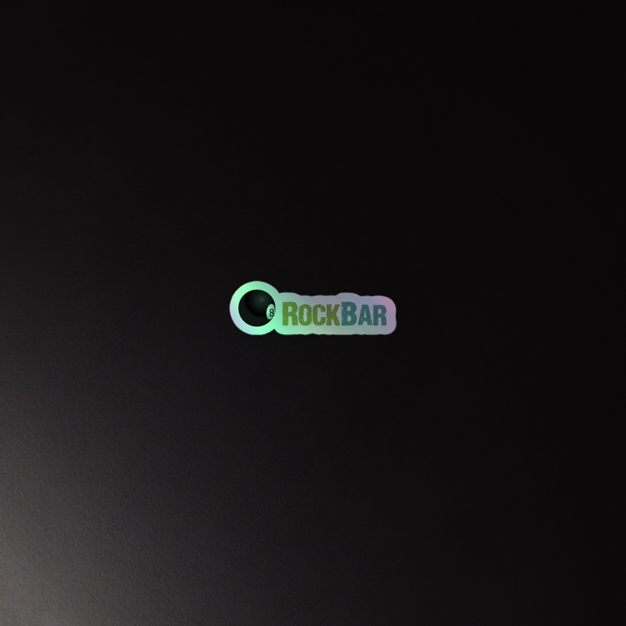 Holographic logo sticker for 'RockBar' in blue and green with an eightball graphic incorporated on a black background.
