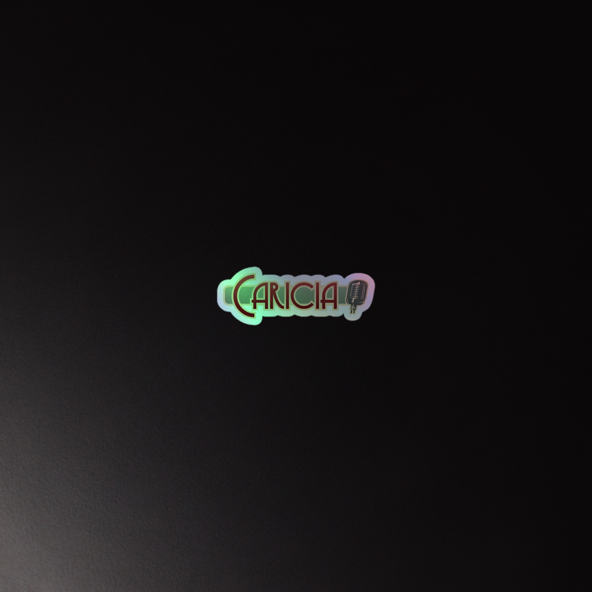 Holographic sticker of the 'Caricia' logo with a microphone graphic on a dark background.