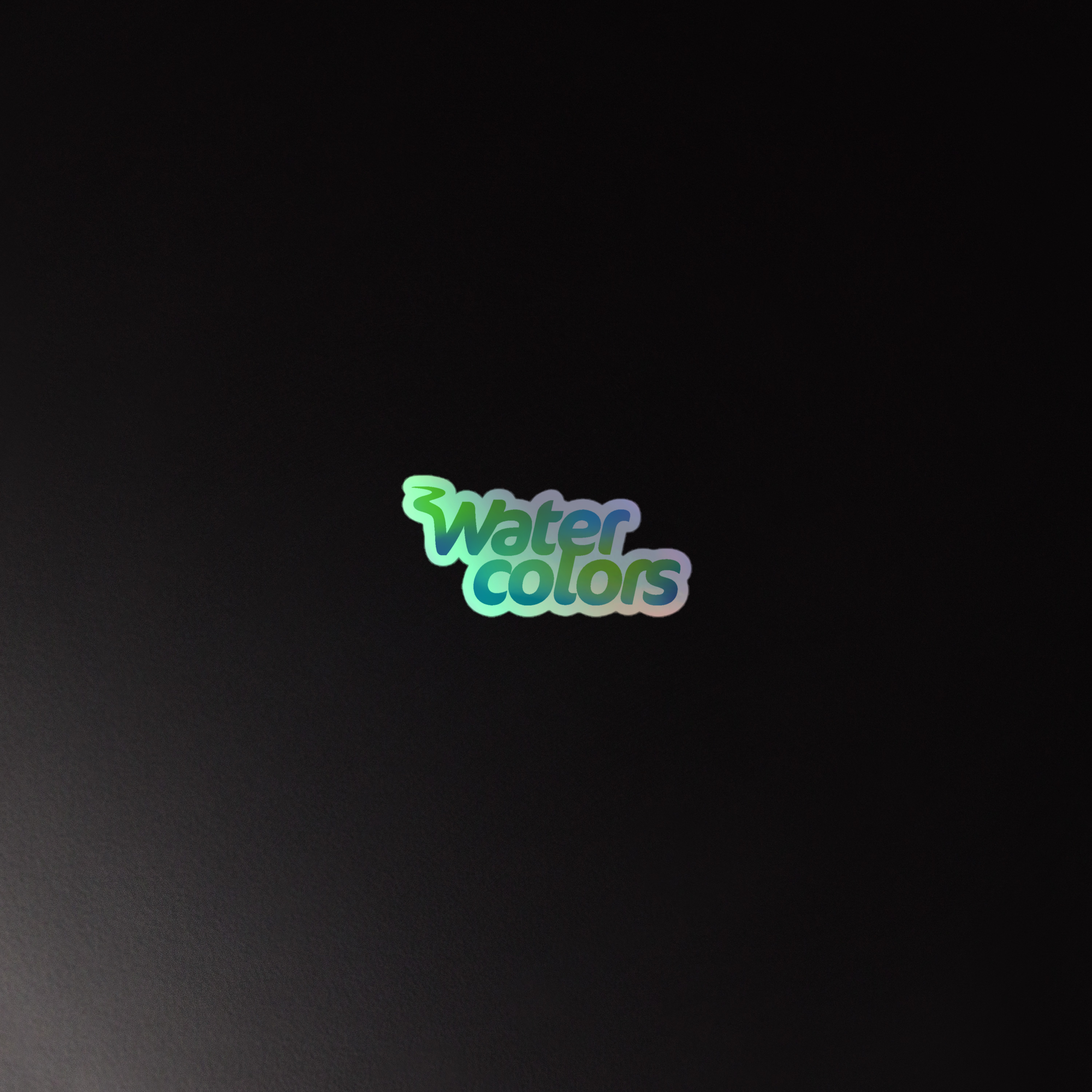 Holographic sticker of the 'Water colors' logo on a dark background.