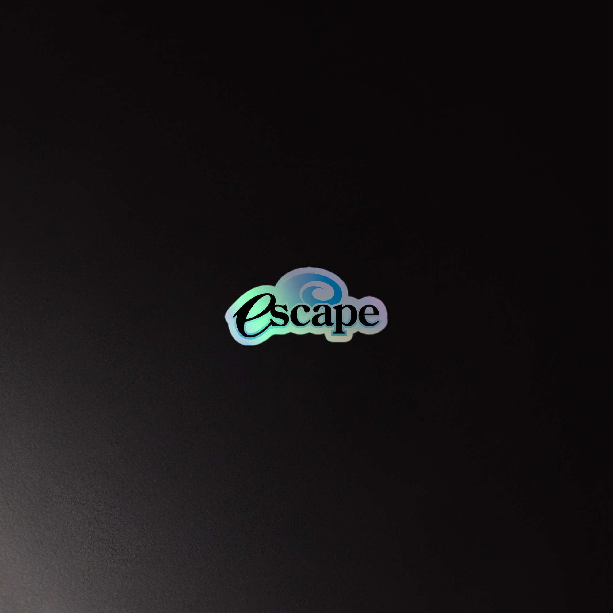 Holographic sticker of the 'Escape' logo with a swirling design, set against a dark background.