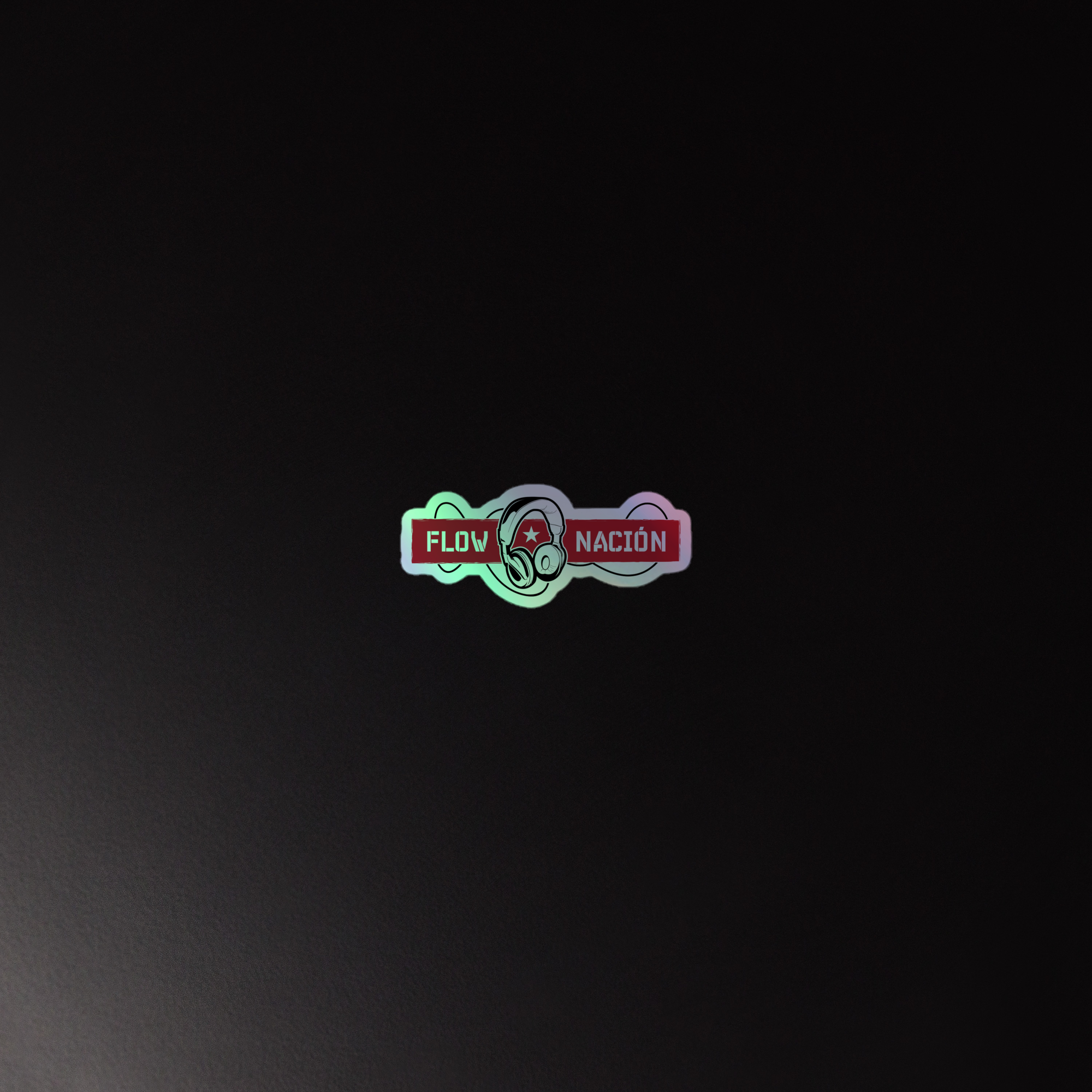 Colorful holographic sticker with the text 'FLOW NACIÓN' and a design featuring headphones against a black background.