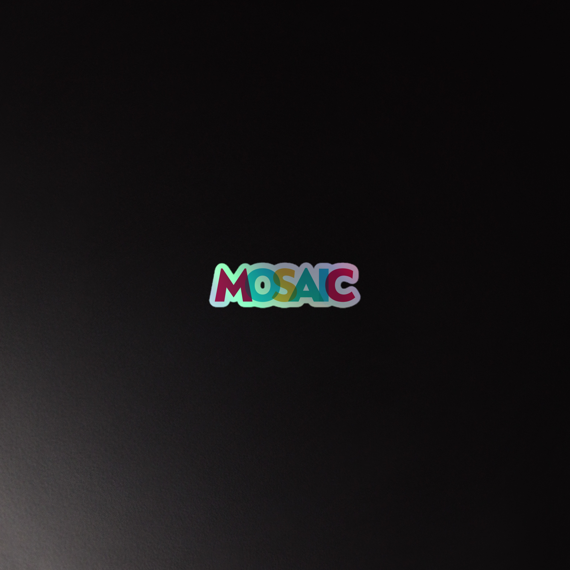 Colorful 'MOSAIC' logo holographic sticker on a dark background.