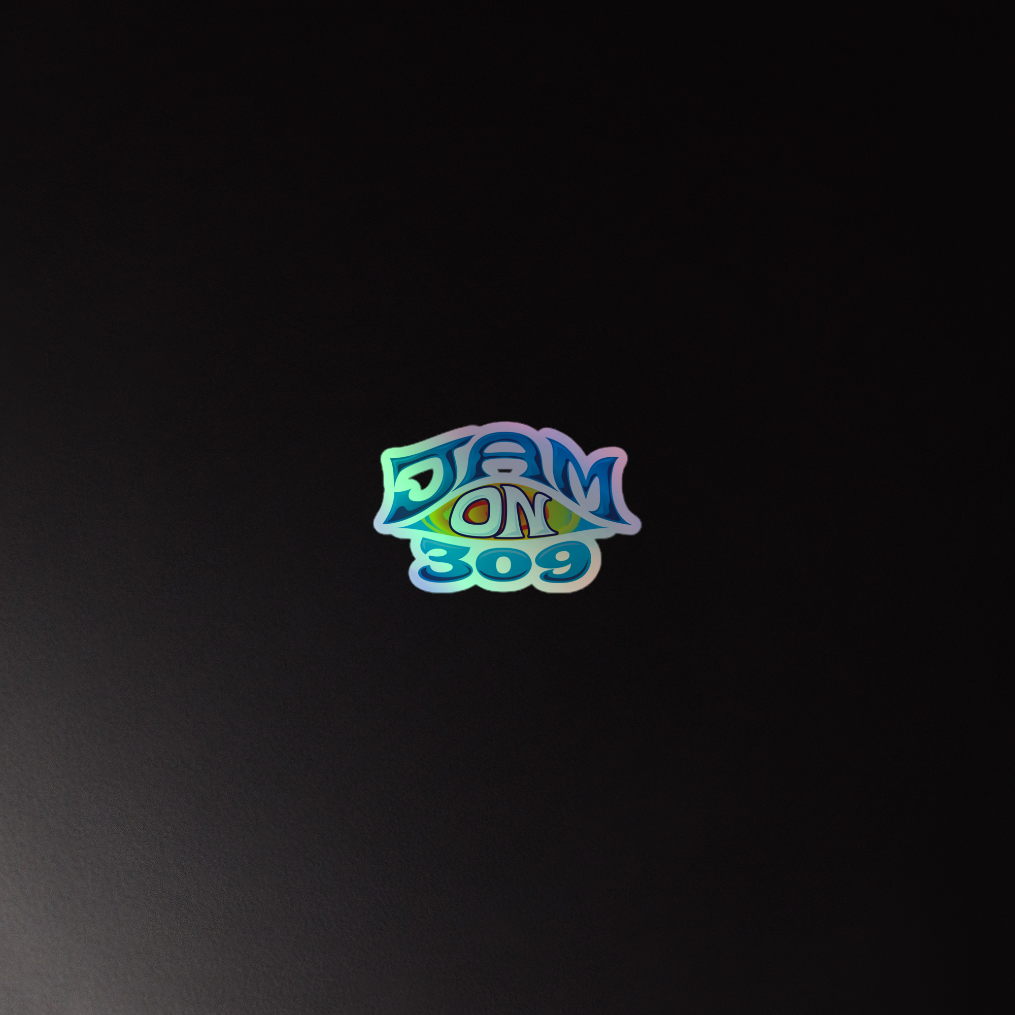 Holographic sticker with the text 'JAM ON 309' on a black background.