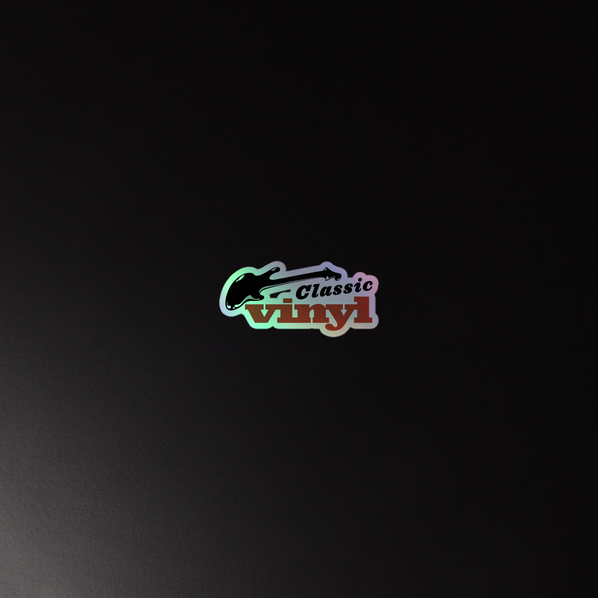Holographic sticker of the 'Classic Vinyl' logo featuring a guitar silhouette on a dark background.