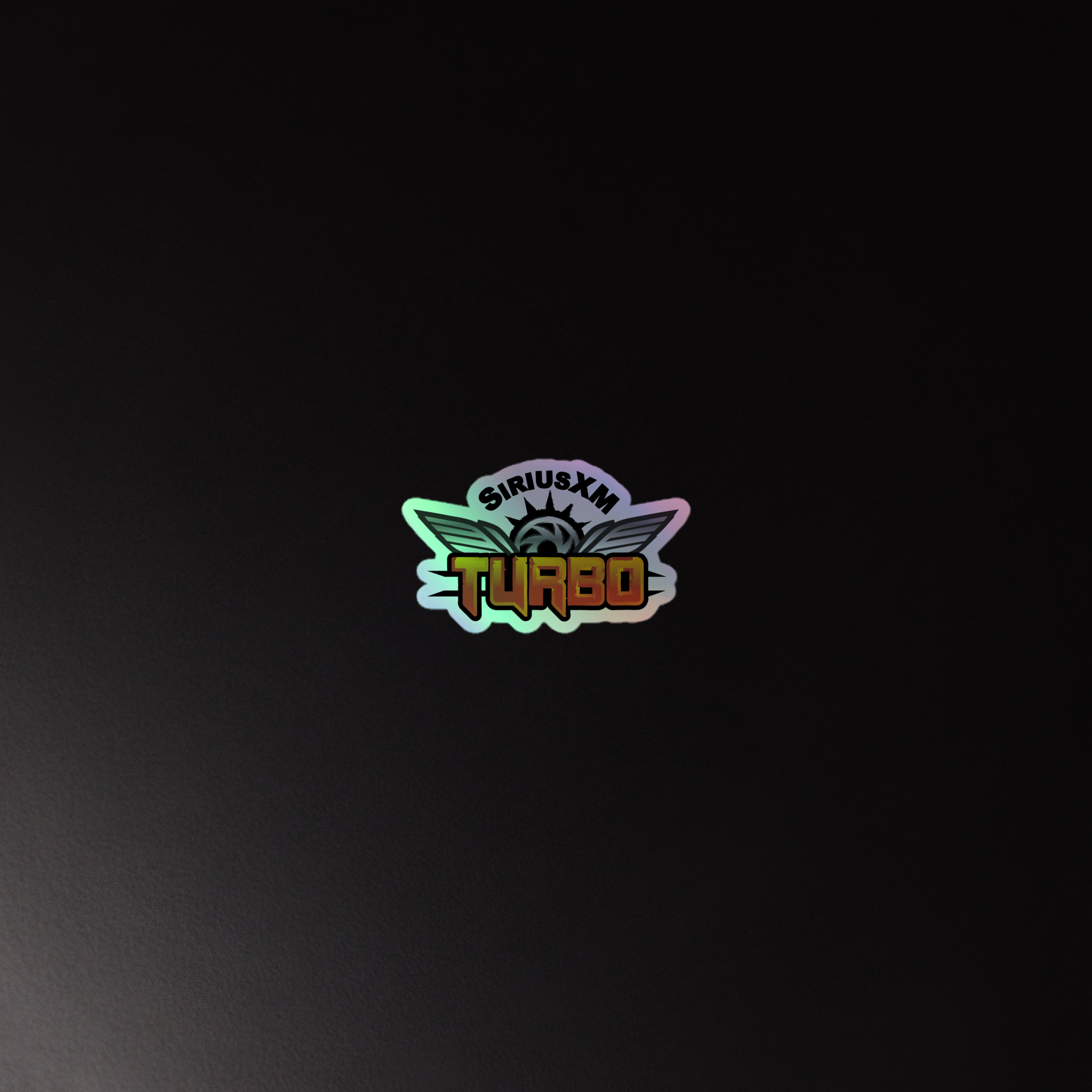 Holographic sticker of the 'SiriusXM Turbo' logo on a dark background.