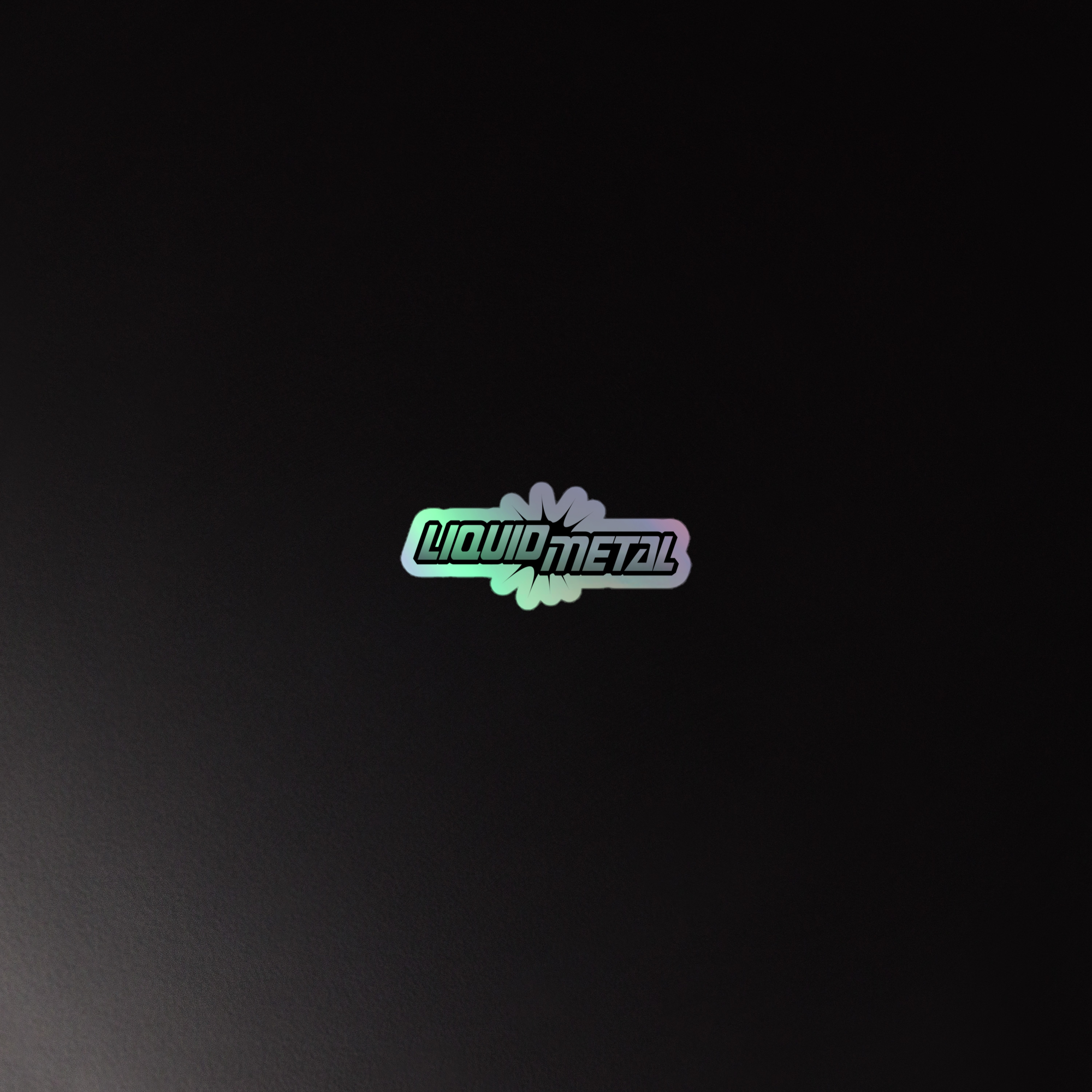 Holographic sticker of 'Liquid Metal' logo on a dark background with a subtle sheen.