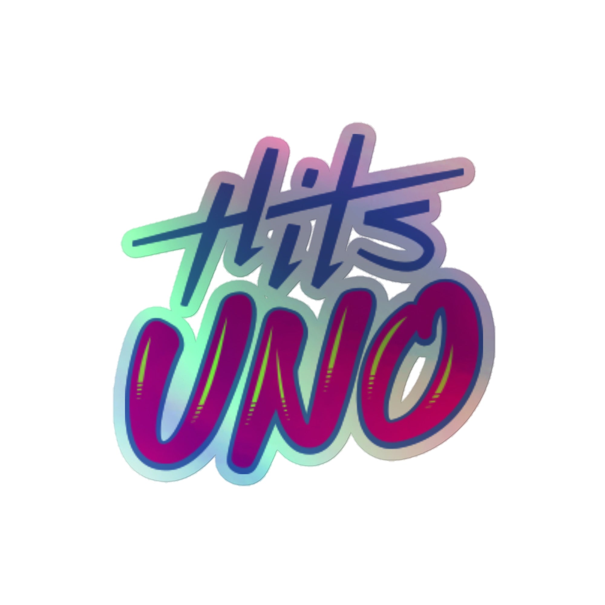 Holographic sticker with blue and pink text reading 'Hits UNO' in a modern style.