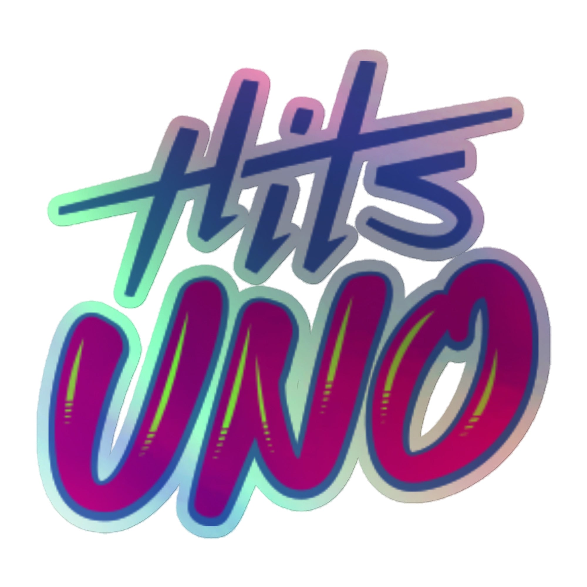 Holographic sticker with blue and pink text reading 'Hits UNO' in a modern style.