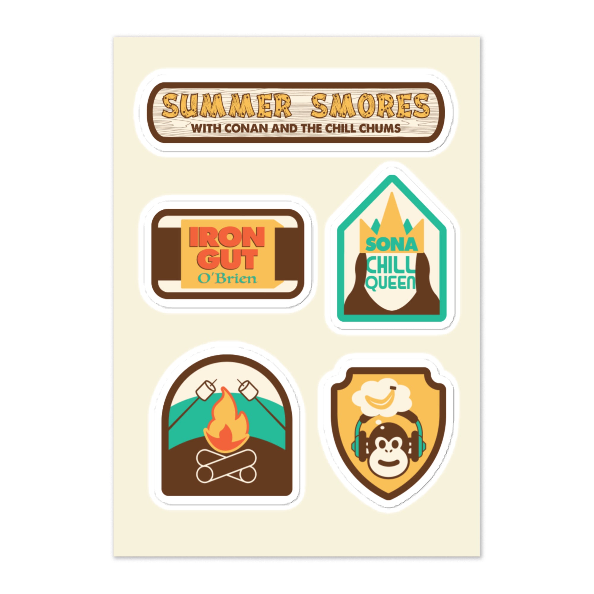Colorful sticker sheet featuring 5 different stick designs including 'Summer Smores' 'Iron Gut O'Brien' 'Sona Chill Queen,' and a campfire design on a white background.