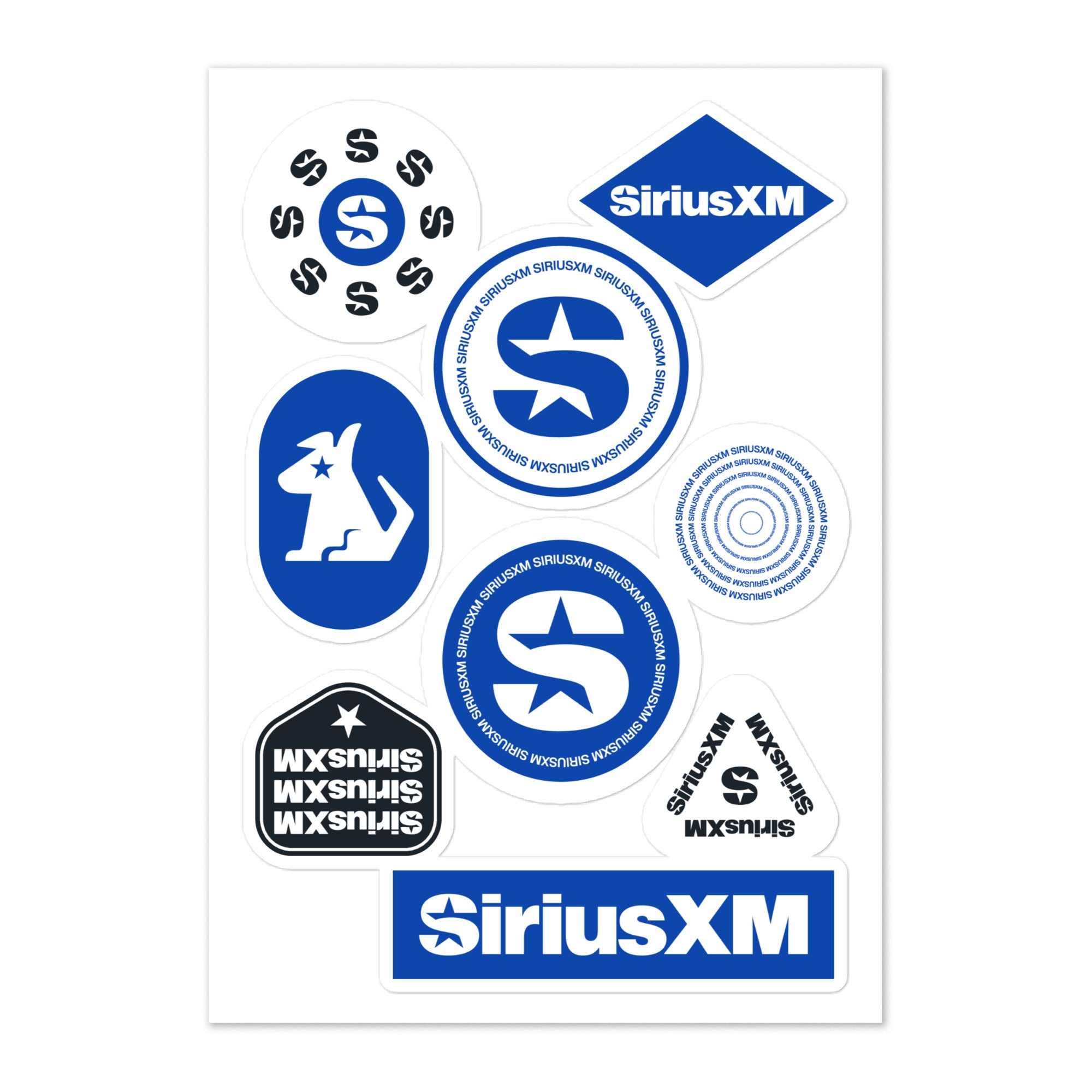 Collection of 'SiriusXM' 8 stickers in various shapes and designs, featuring blue and black colors.