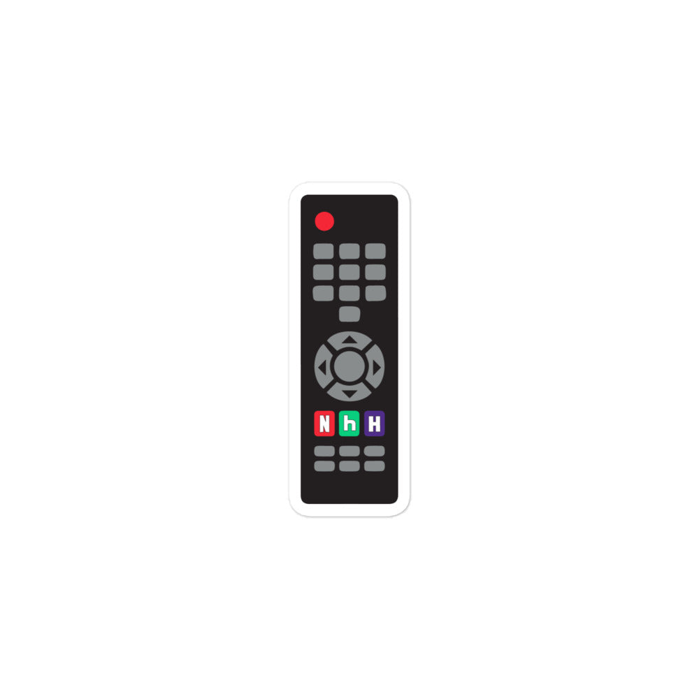 Sticker of black remote control with various buttons and colored icons.