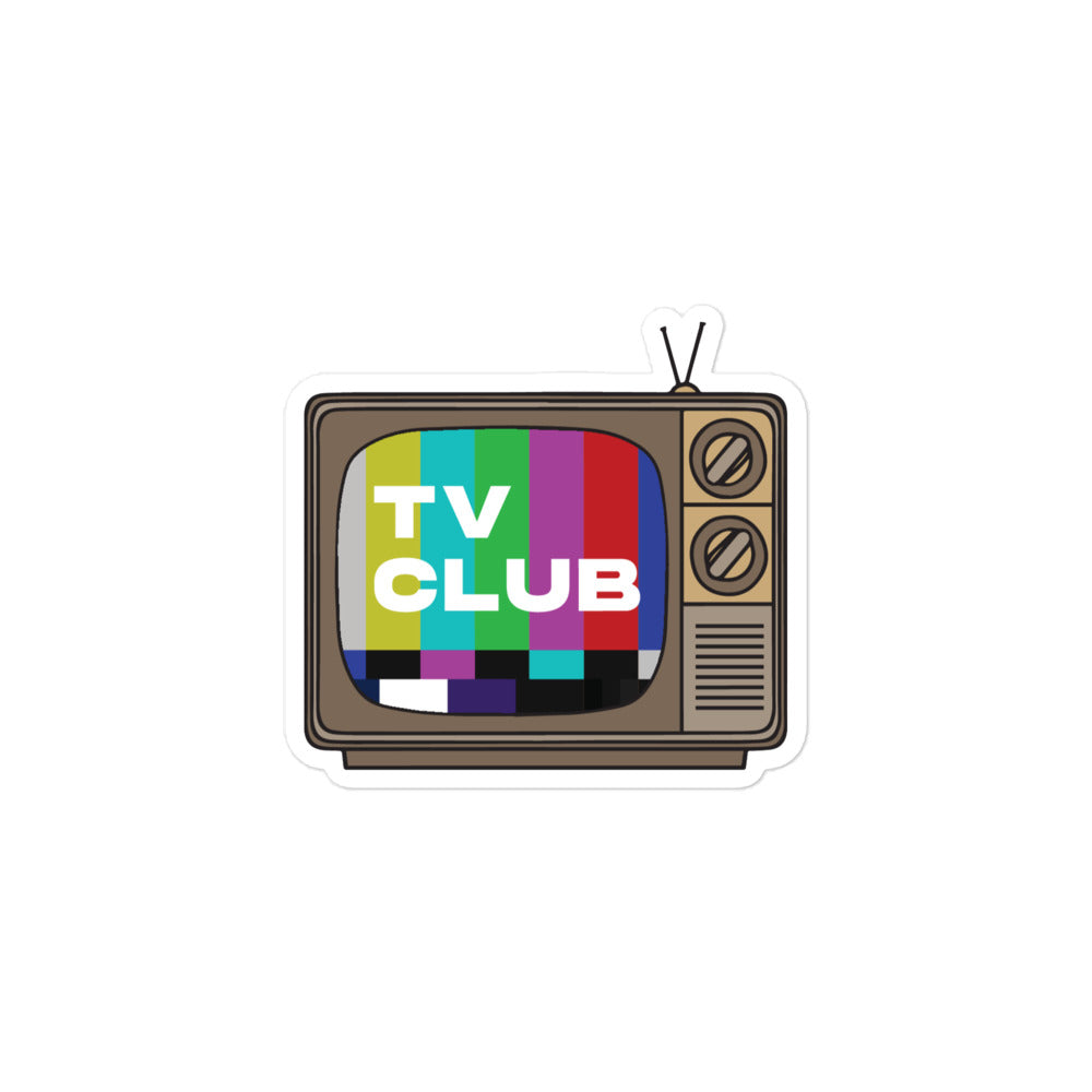 Sticker of retro television set with colorful test pattern and 'TV CLUB' text displayed on the screen.