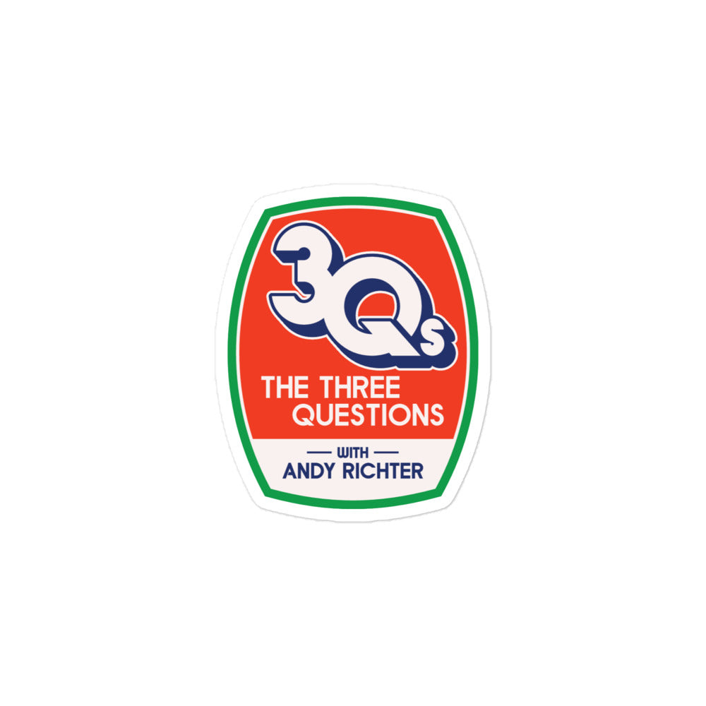 Sticker of the orange, green and navy blue 'The Three Questions with Andy Richter' logo.