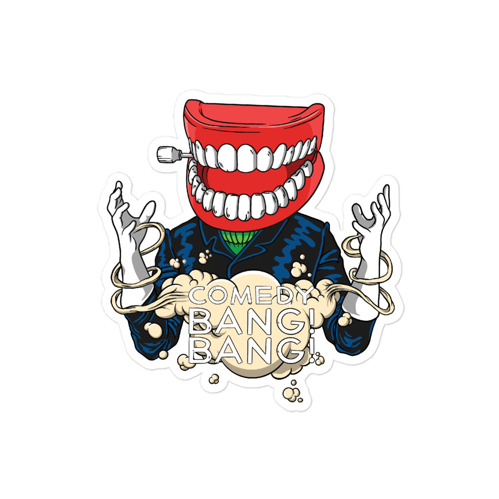 Sticker of a whimsical illustration of a man with a large mouth for a head, showcasing the text 'Comedy Bang! Bang!' with swirling lines.