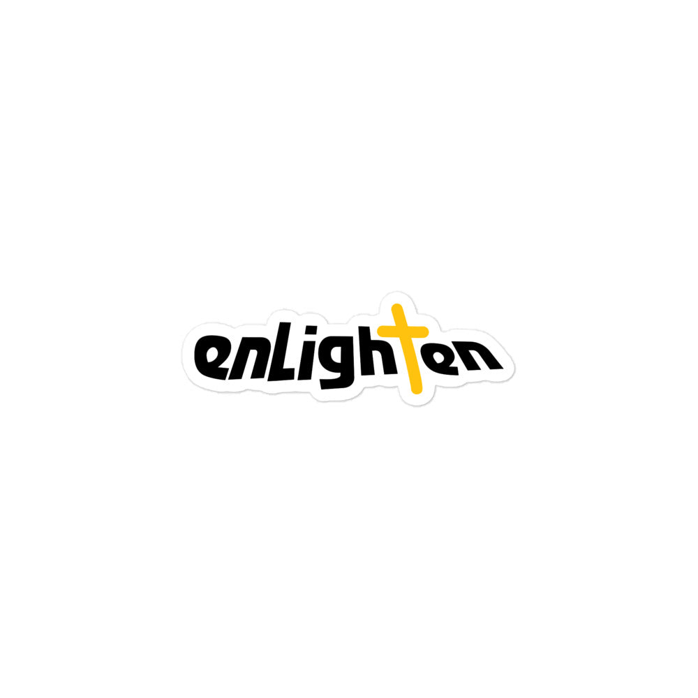 Sticker of the the black and yellow 'enLighten' logo featuring cross integrated into the design.