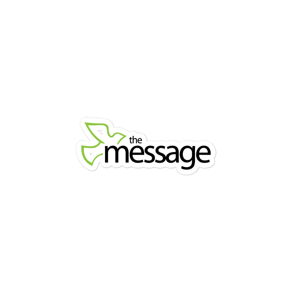 Sticker of the green and black 'the message' logo featuring a stylized bird graphic on a white background.
