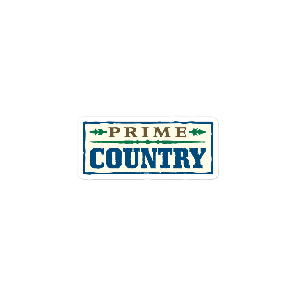 Sticker of the green, white and blue 'PRIME COUNTRY' logo in bold, vintage-style lettering with decorative elements.