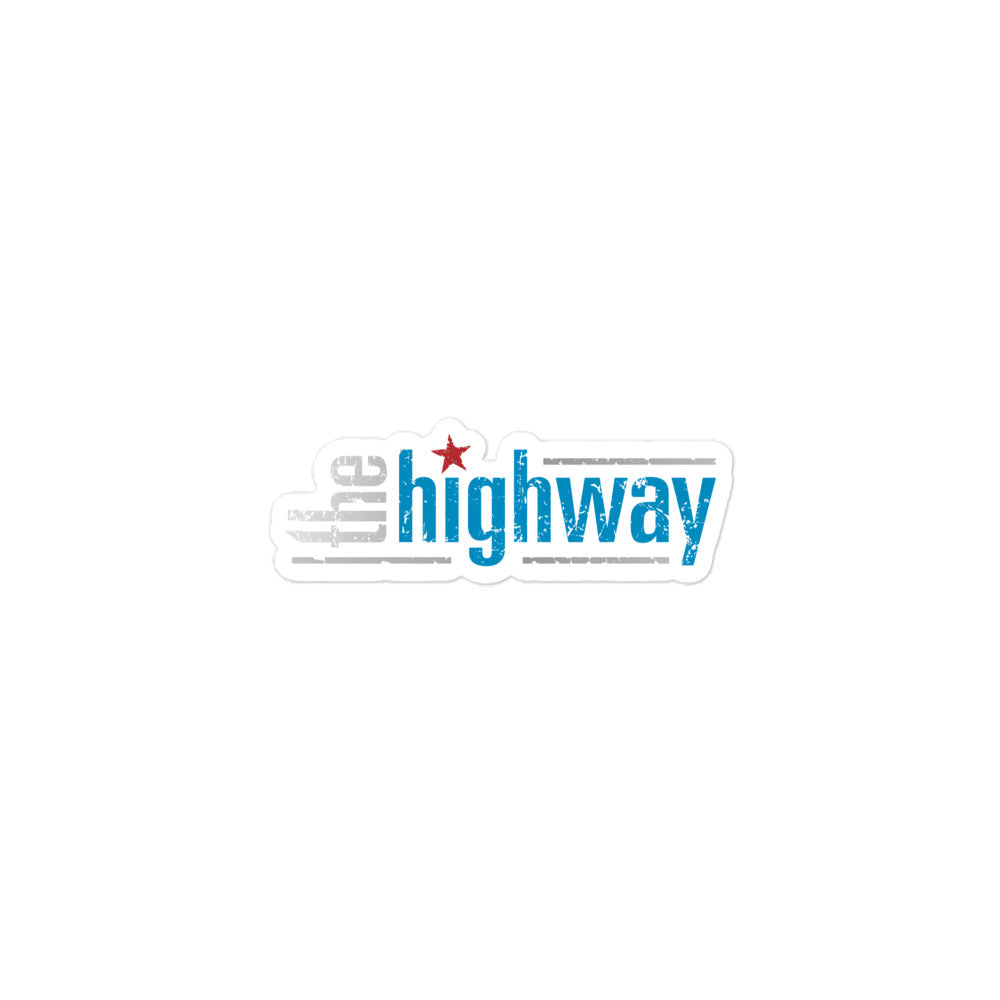 Sticker of the bright blue and red 'the highway' logo, featuring a red star and distressed effects.