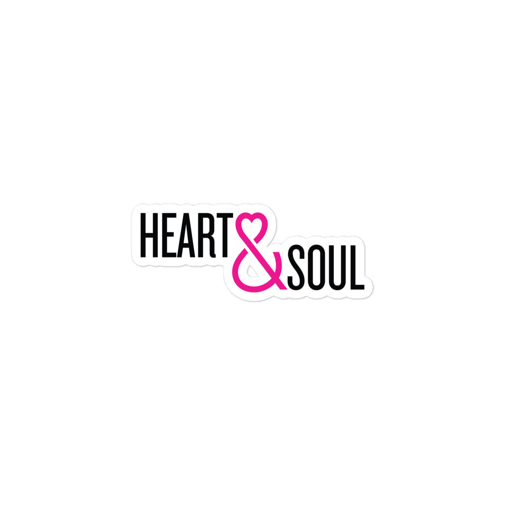Sticker of the black and hot pink 'HEART & SOUL' logo featuring a heart symbol against a white background.