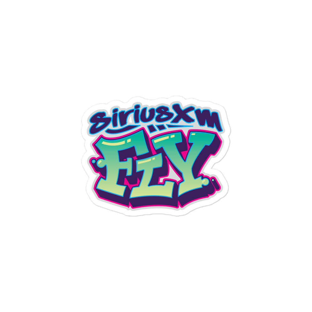 A sticker of the blue, aqua and purple 'siriusxm FLY' logo in graffiti style lettering on a white background.