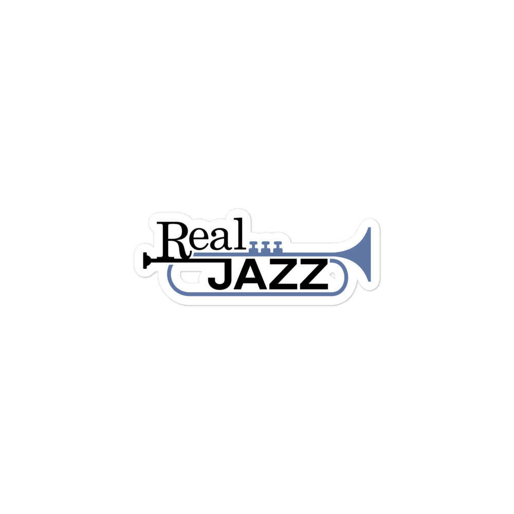 Sticker of the light purple and black 'Real JAZZ' logo with a trumpet icon integrated into the design.