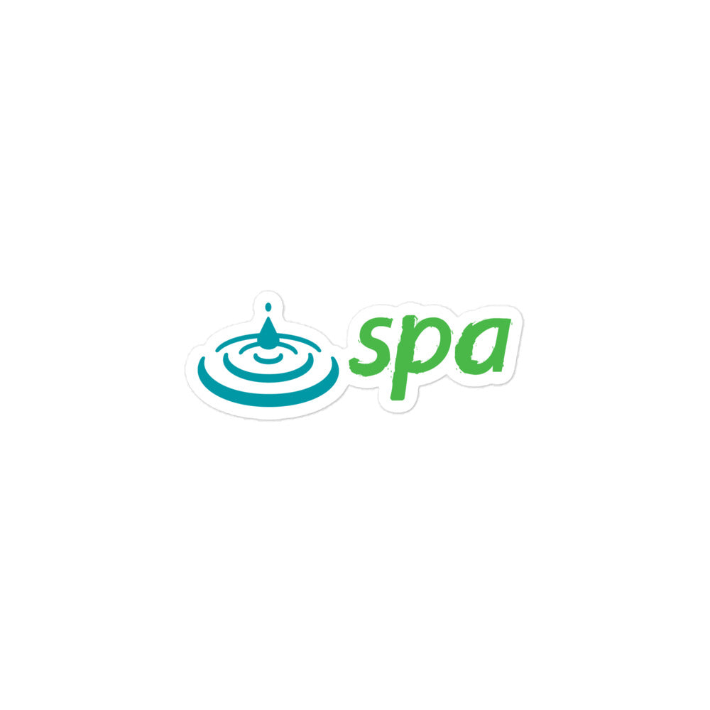 Sticker of the blue and green 'spa' logo, featuring a water droplet design.
