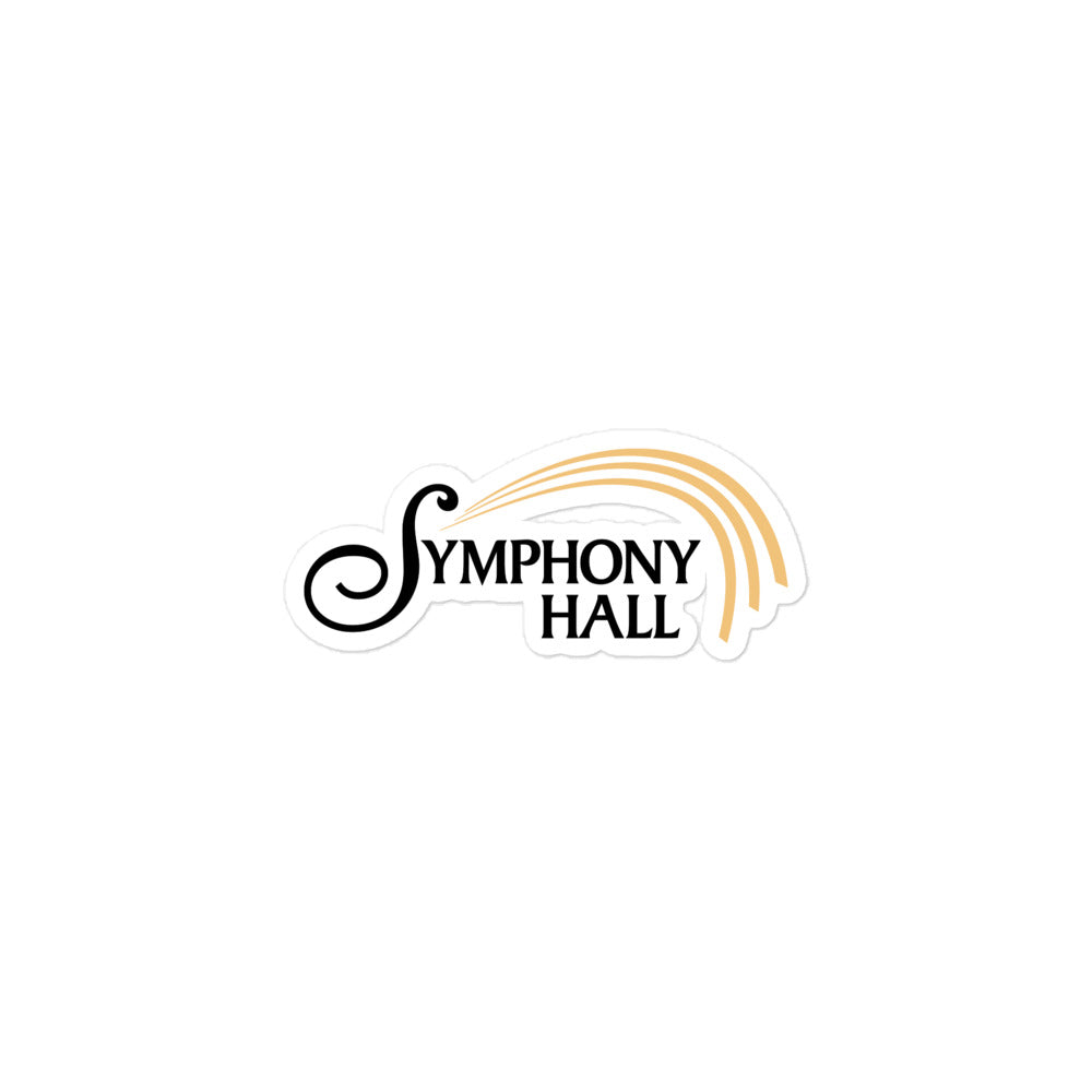 Sticker of the 'Symphony Hall' logo with in black scripty text and features golden arch designs.