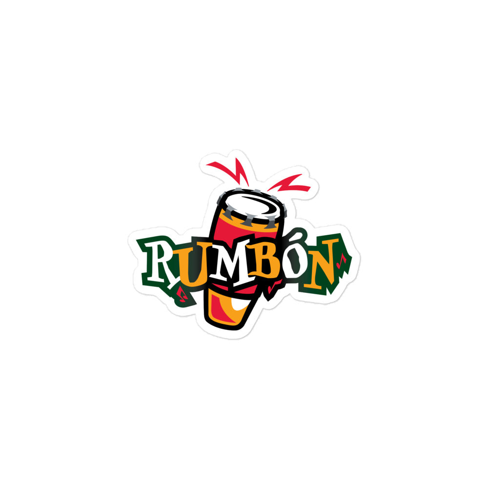 Sticker the orange, yellow and green 'RUMBÓN' logo with dynamic samba drum design elements.