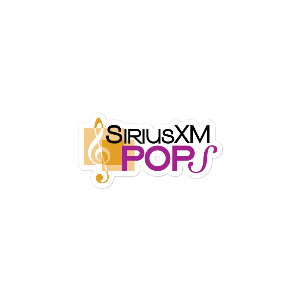 Sticker of the purple, golden and black 'SiriusXM Pops' logo featuring musical notes.