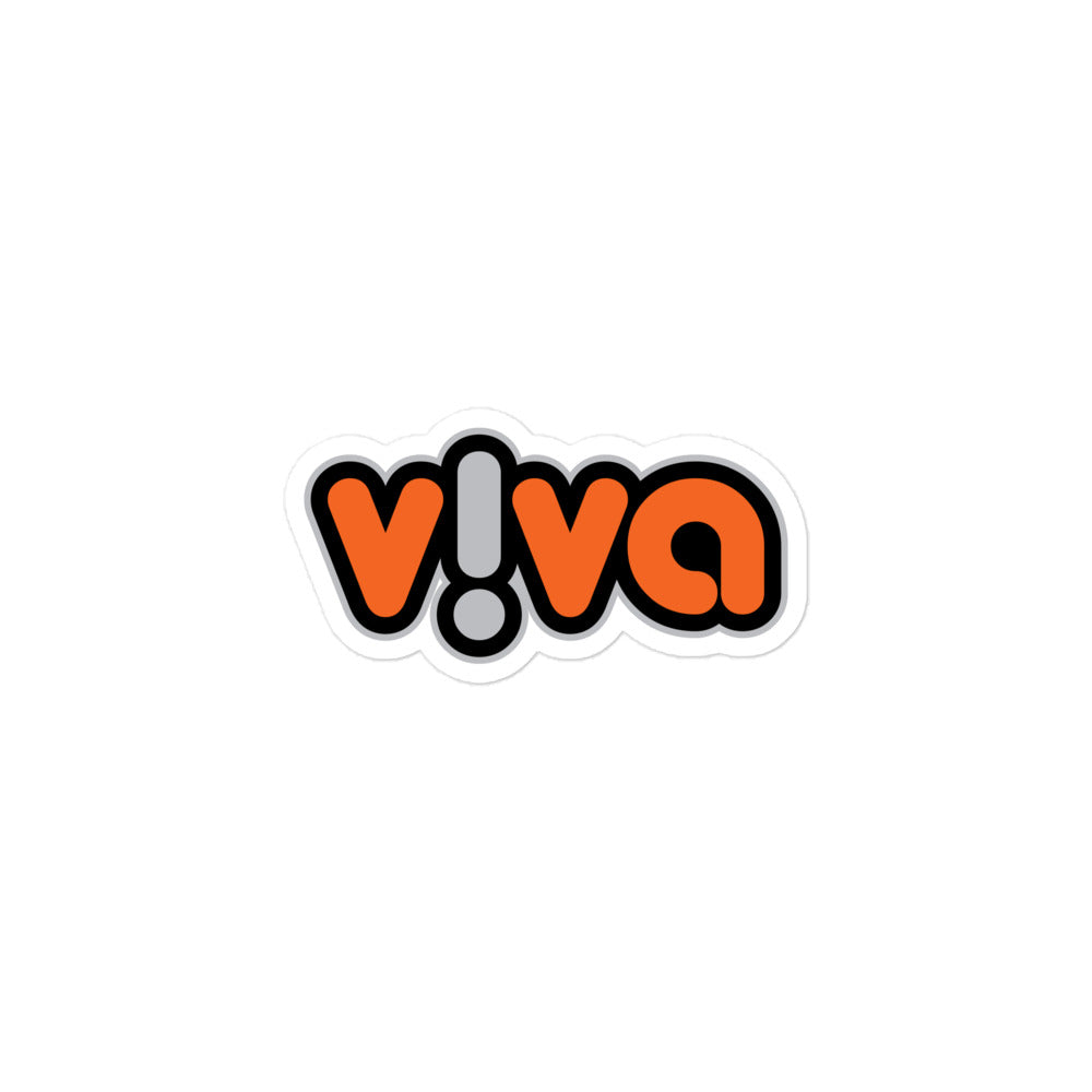 Sticker of the 'v!va' logo in orange and black with an exclamation mark in place of the letter 'i.'