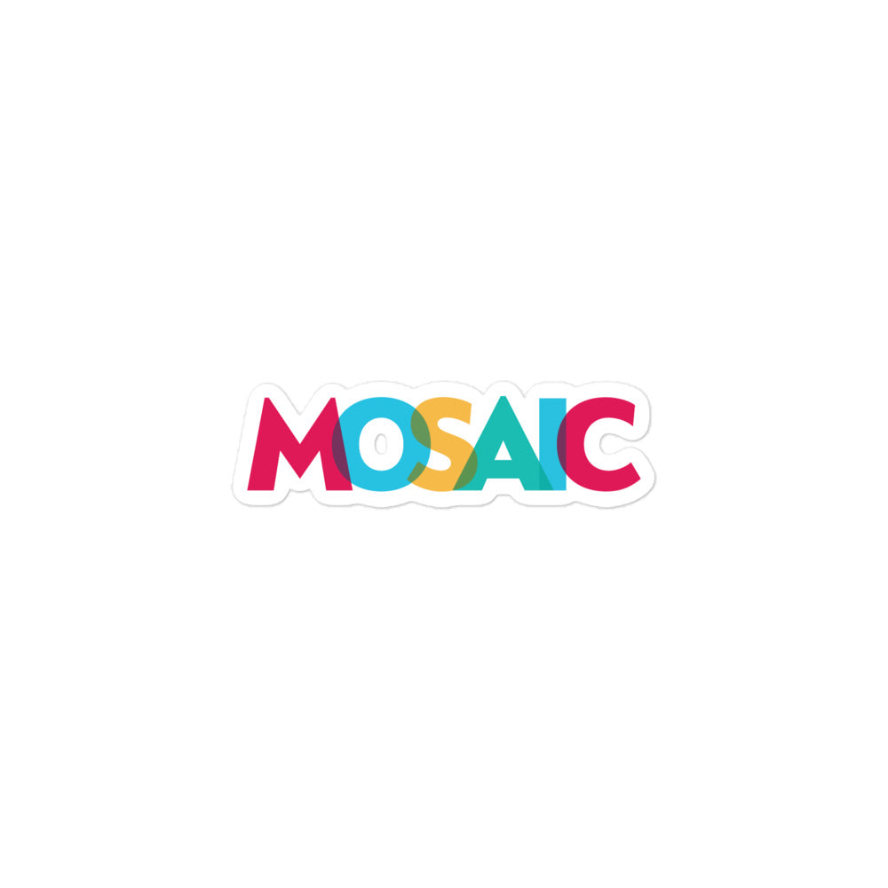 Sticker of the 'MOSAIC' logo with pink, aqua, yellow and red lettering on a white background.