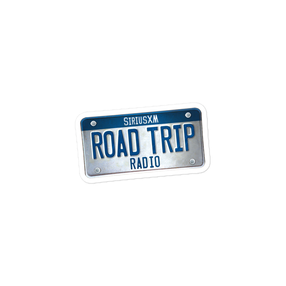 Sticker of Blue and silver 'SiriusXM ROAD TRIP RADIO' logo, featuring a license plate design.