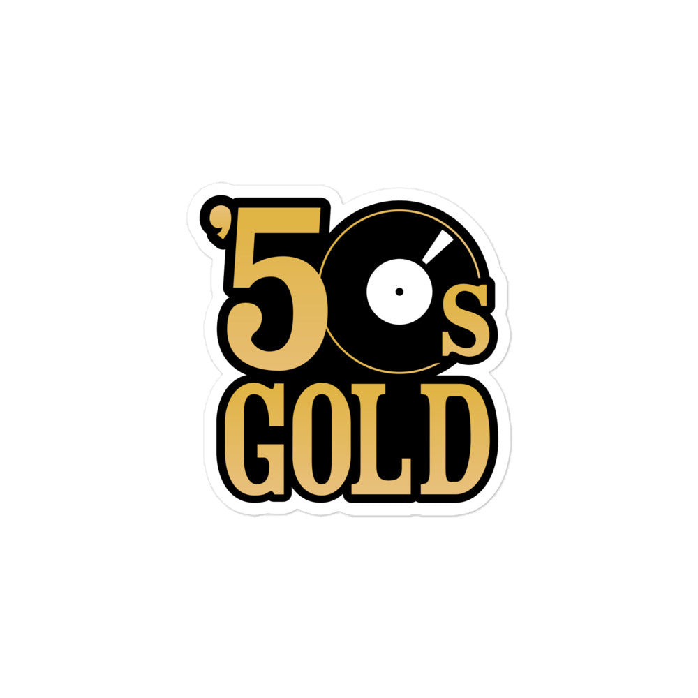 A sticker of the black and mustard color '50s Gold' logo featuring a vinyl record.