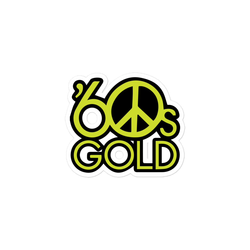 A sticker of the lime green and black '60s Gold' logo, featuring a peace symbol on a white background.