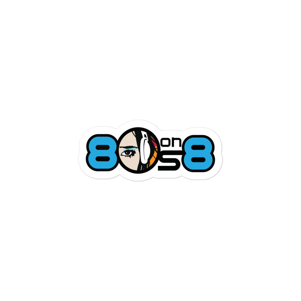 Sticker of black and bright blue '80s on 8' logo, featuring a graphic of a woman with headphones.