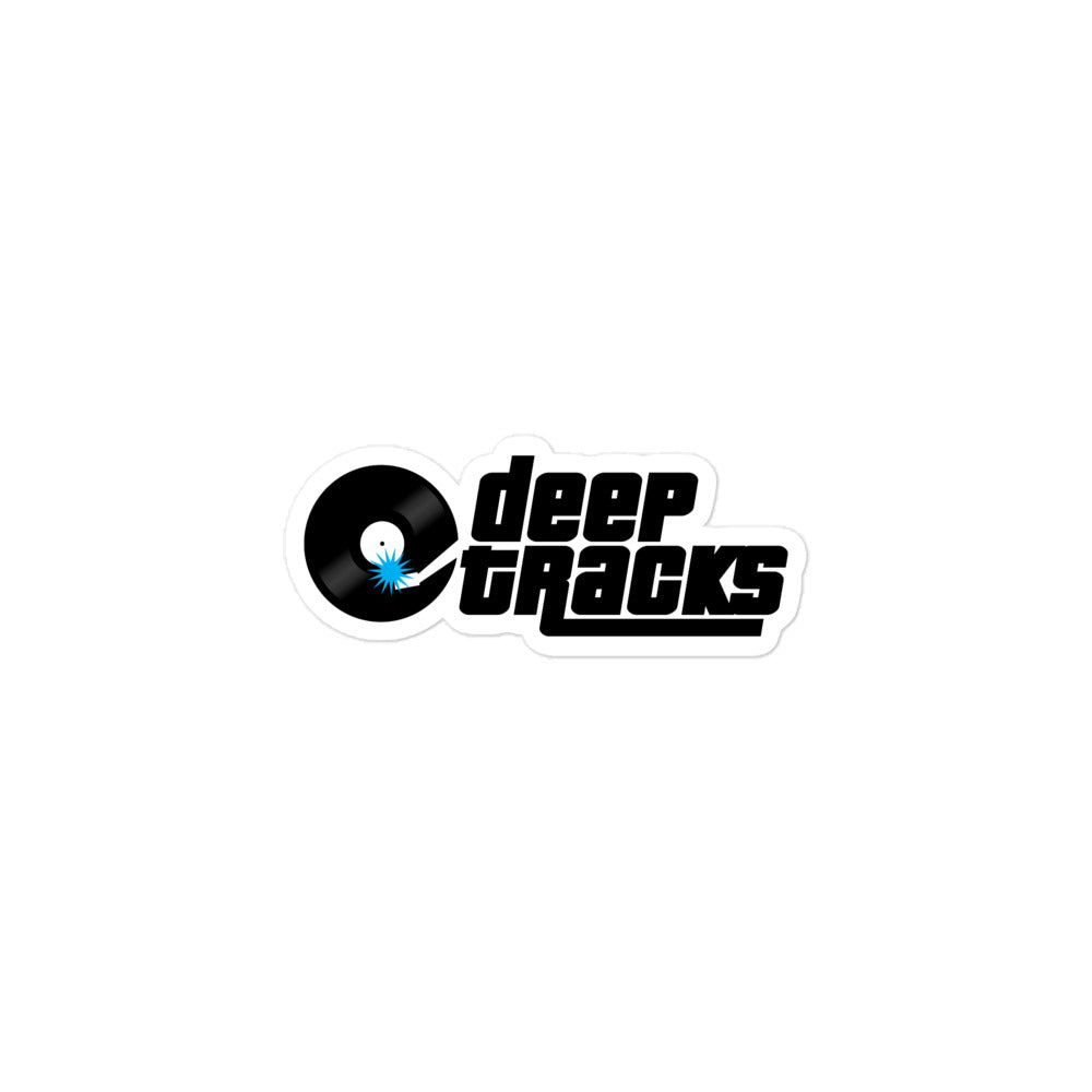 Sticker of the 'deep tracks' logo in black text on a white background, featuring a vinyl record design.