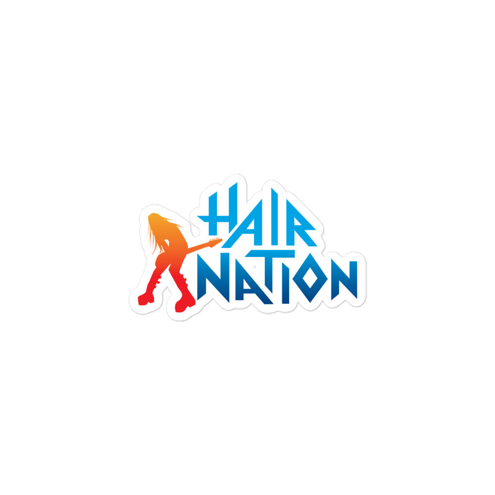 Sticker of the 'Hair Nation' logo featuring a figure with a guitar, colored in orange and blue.