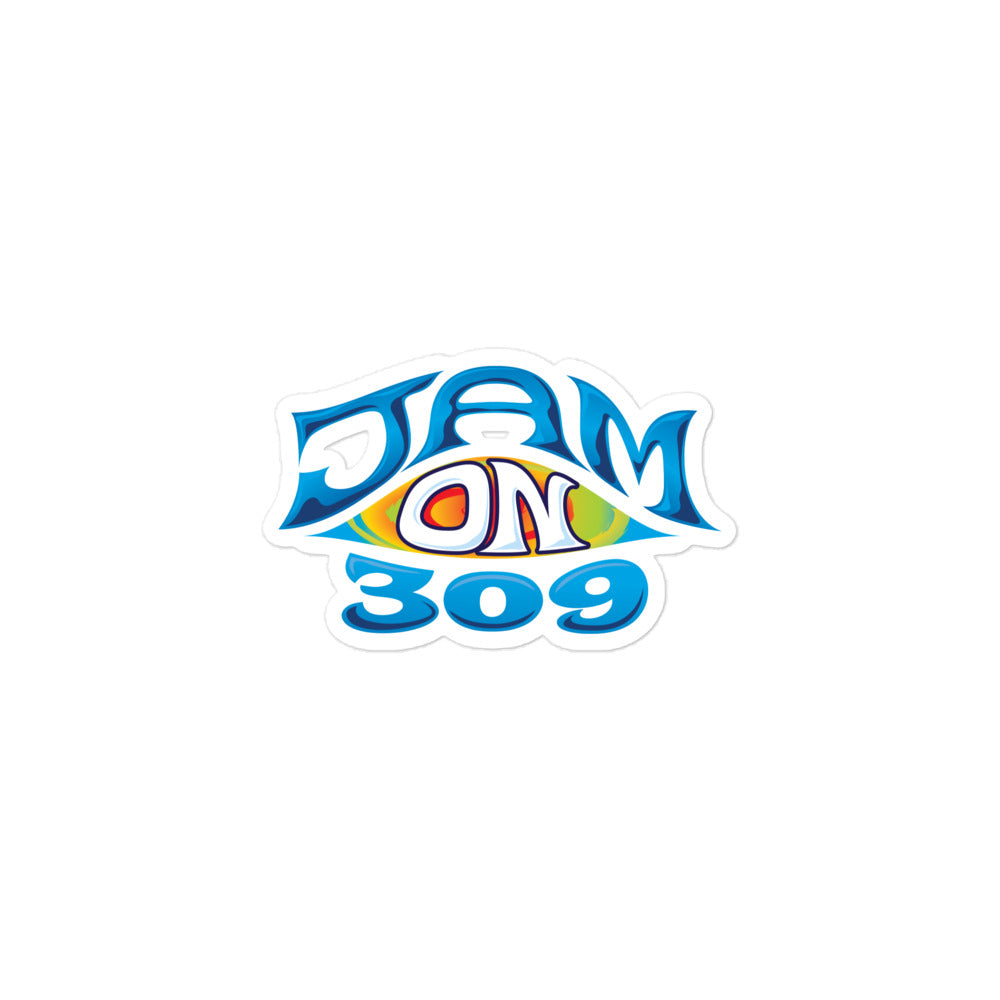 Sticker of blue, orange and white 'JAM ON 309' logo with stylized text and an eye graphic.