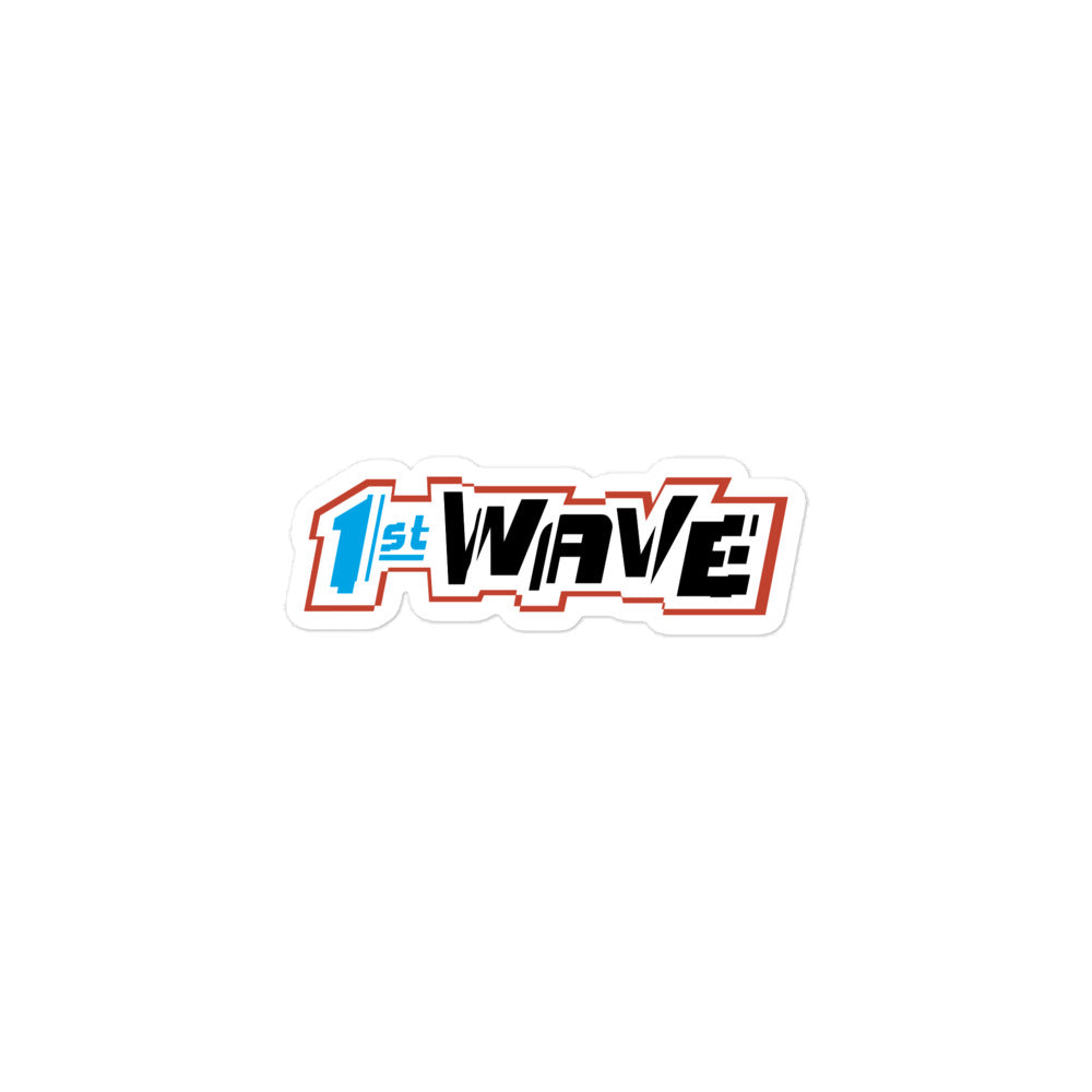 Sticker of the '1st WAVE!' logo in bold, black and sky blue typography on a white background.
