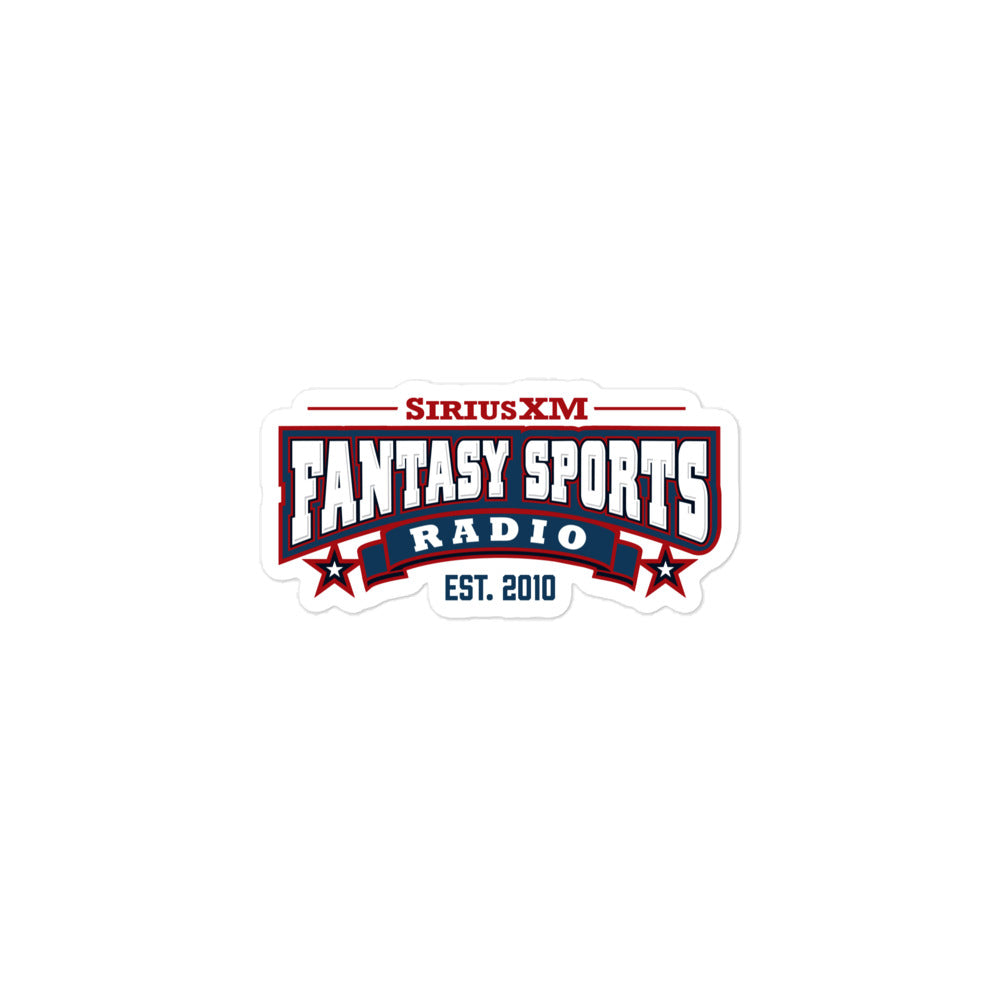 A sticker of the 'SiriusXM Fantasy Sports Radio EST. 2010' logo, featuring red, white, and navy blue colored text.