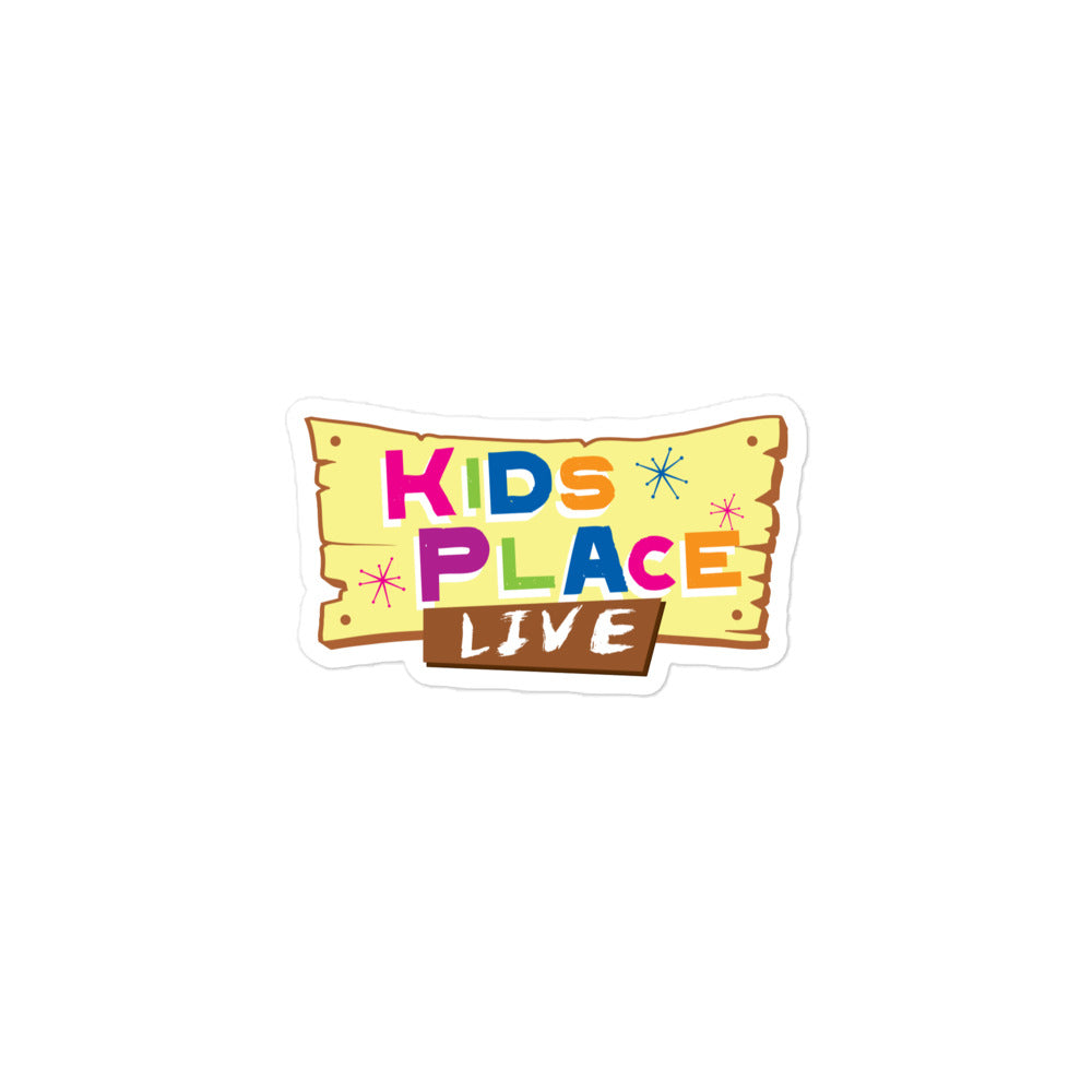 Sticker of the 'Kids Place Live' logo, featuring colorful text on a yellow brackground that resembles a wooden sign.
