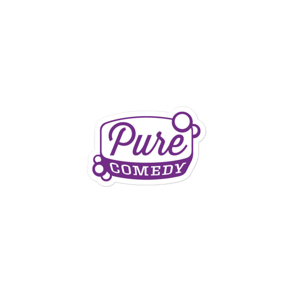 Logo design featuring the text 'Pure Comedy' with a purple color scheme and bubble accents.