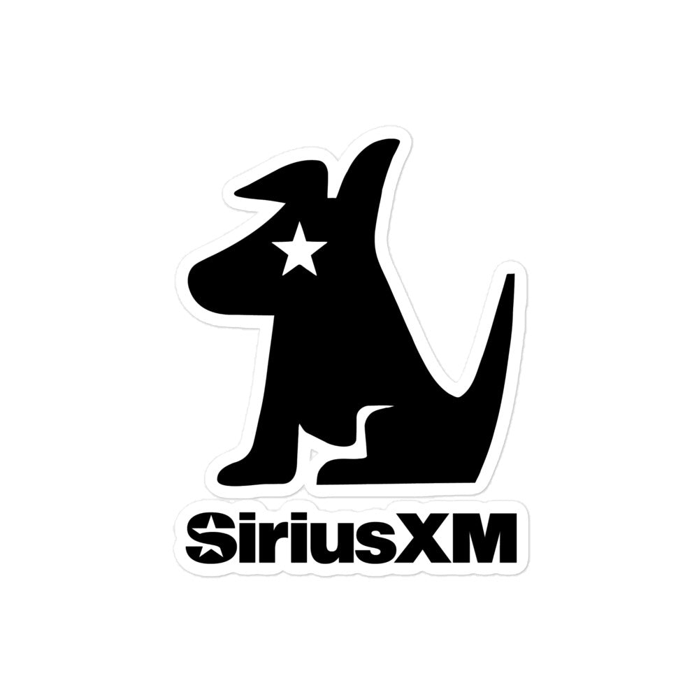 Sticker of black silhouette of the Stella dog mascot with a star for her eye, accompanied by the 'SiriusXM' logo below.