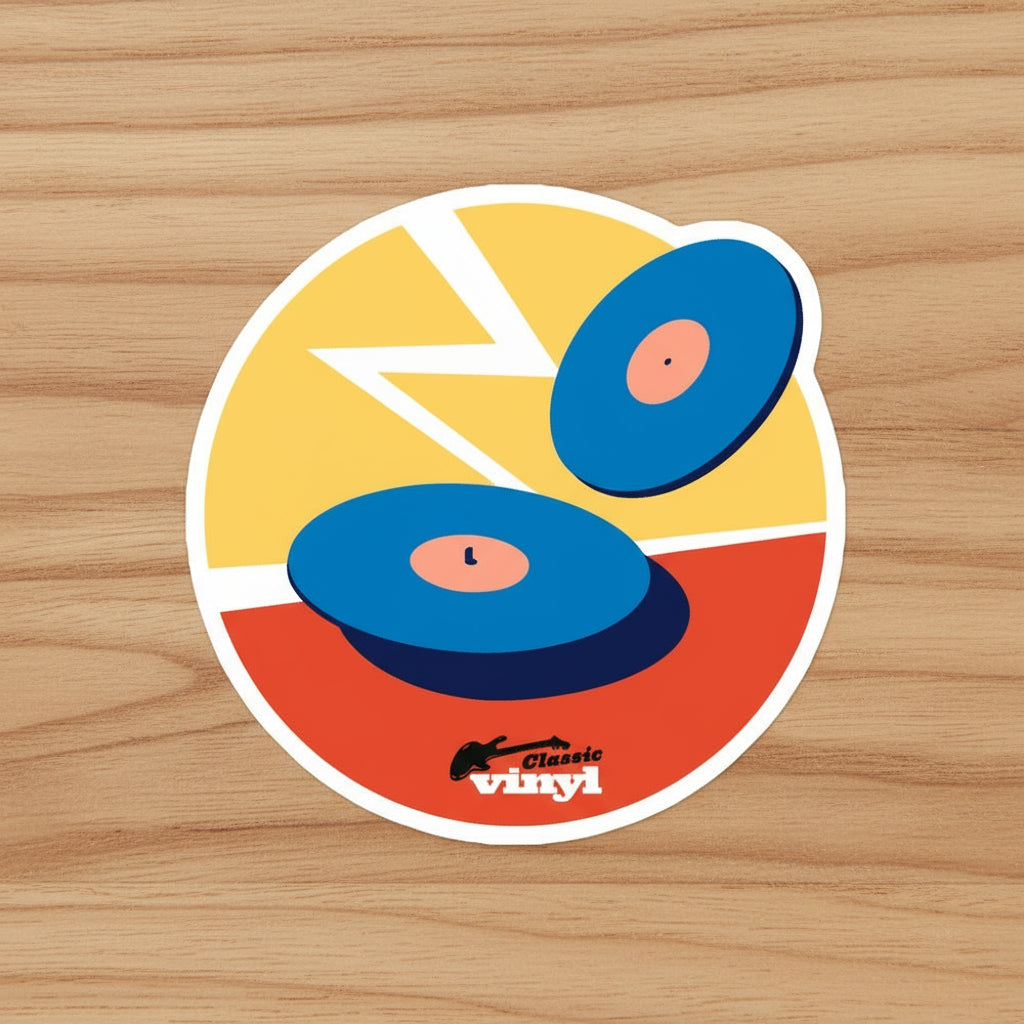 Circular sticker lying flat on a light wood surface. The design shows two blue vinyl records on a red and yellow background with a white zigzag lightning shape and the 'Classic vinyl' logo printed at the bottom.