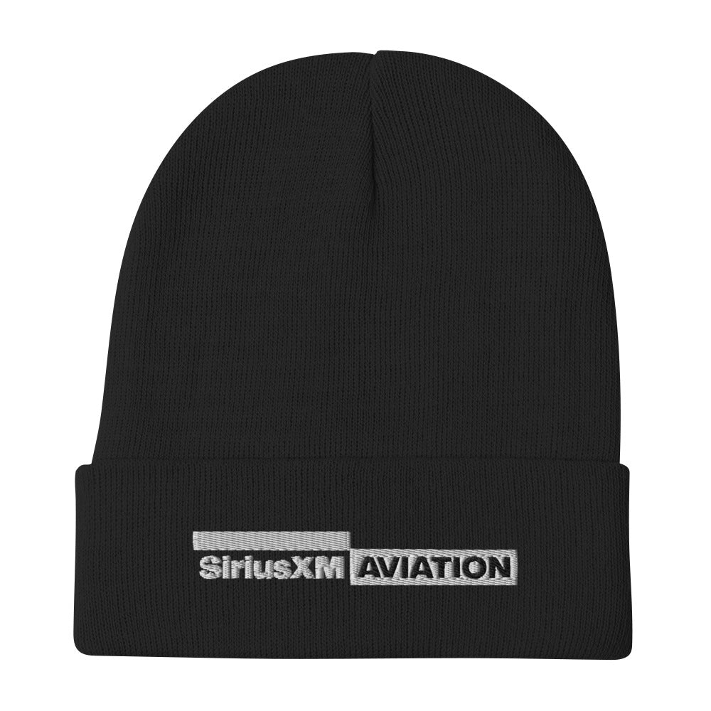 Black beanie hat with embroidered 'SiriusXM AVIATION' logo in white.