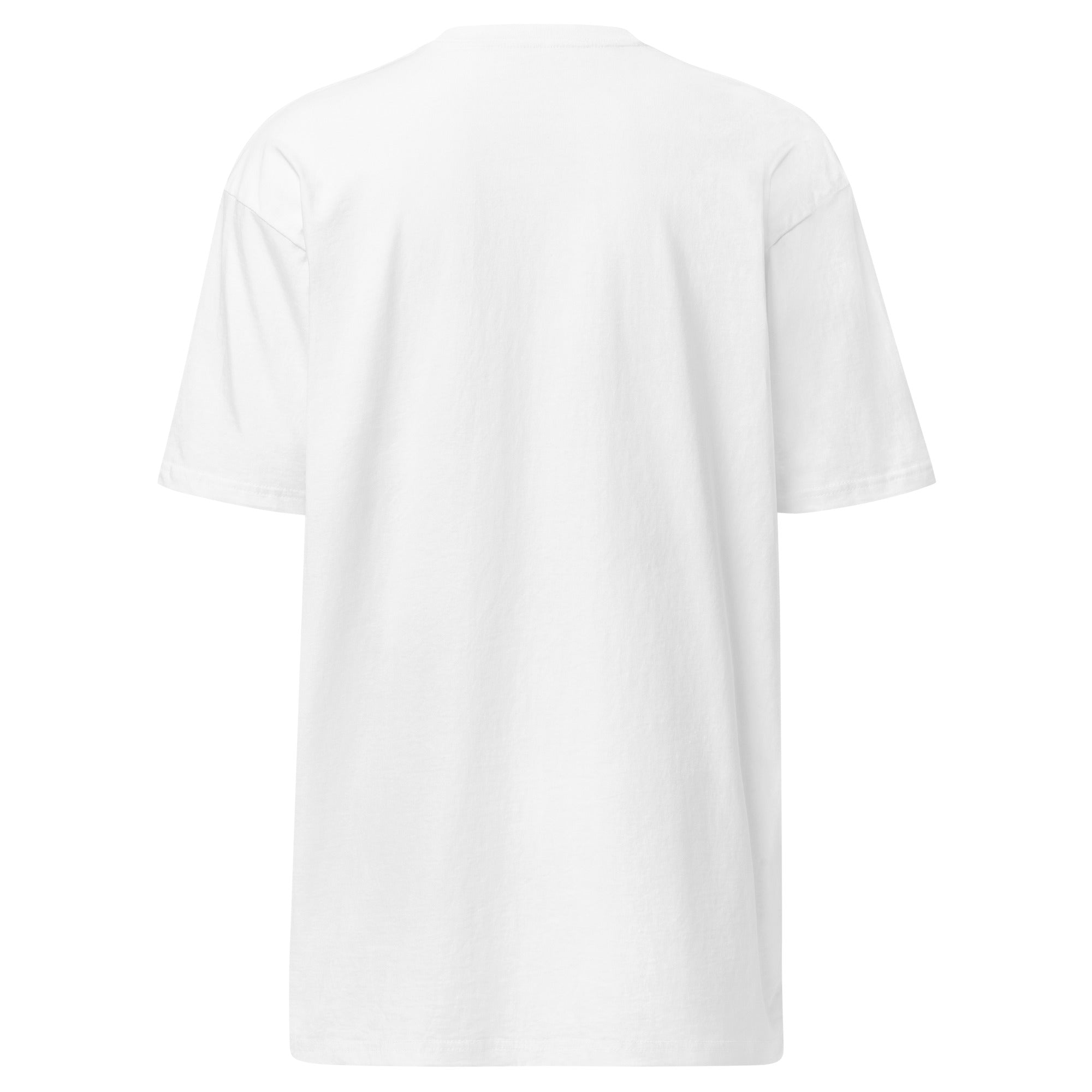 The back view of a plain white T-shirt displayed flat, showing no design or graphics.