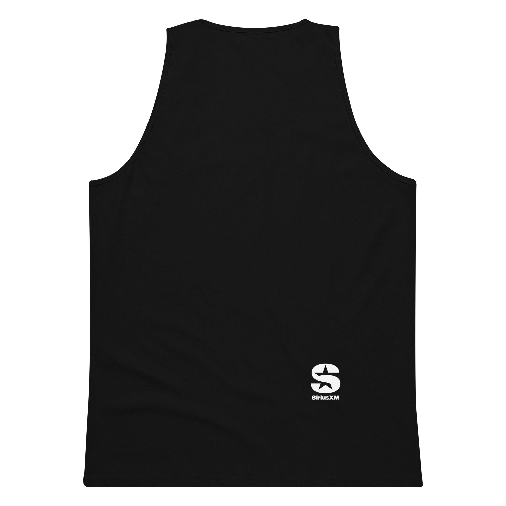 Flat back view of a black tank top with a white 'SiriusXM' logo printed at the bottom right.