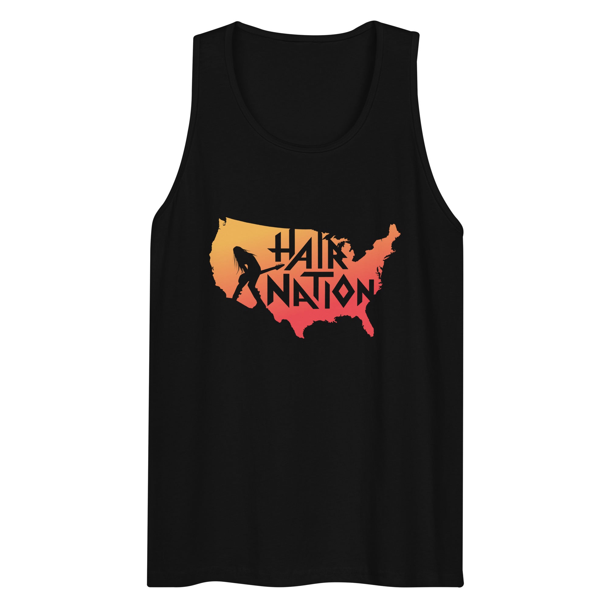 Black tank top featuring a graphic design of the United States silhouette with the words 'HAIR NATION' in stylized text and yellow to orange gradient.