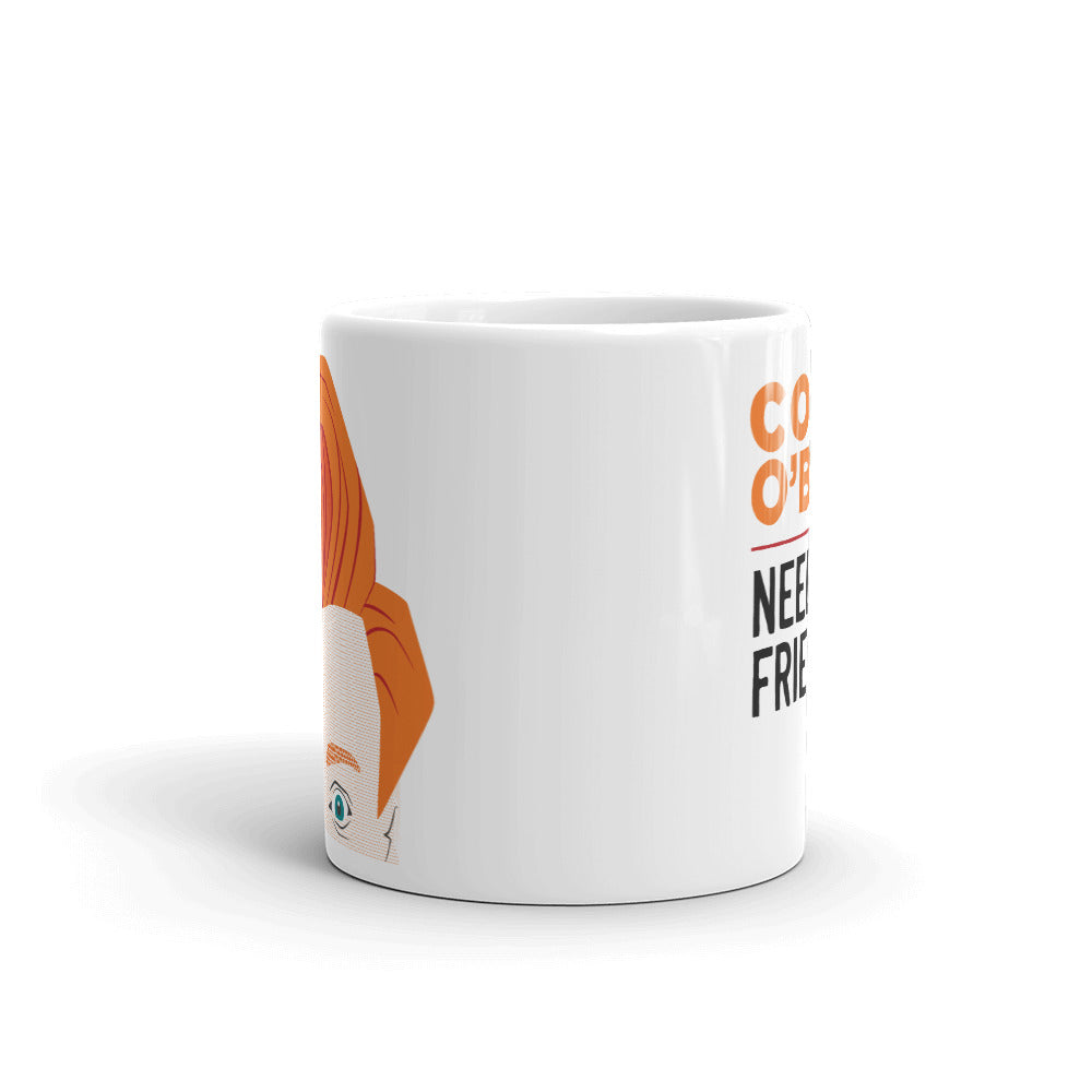 Side view of white mug where front and back designs are partially visible