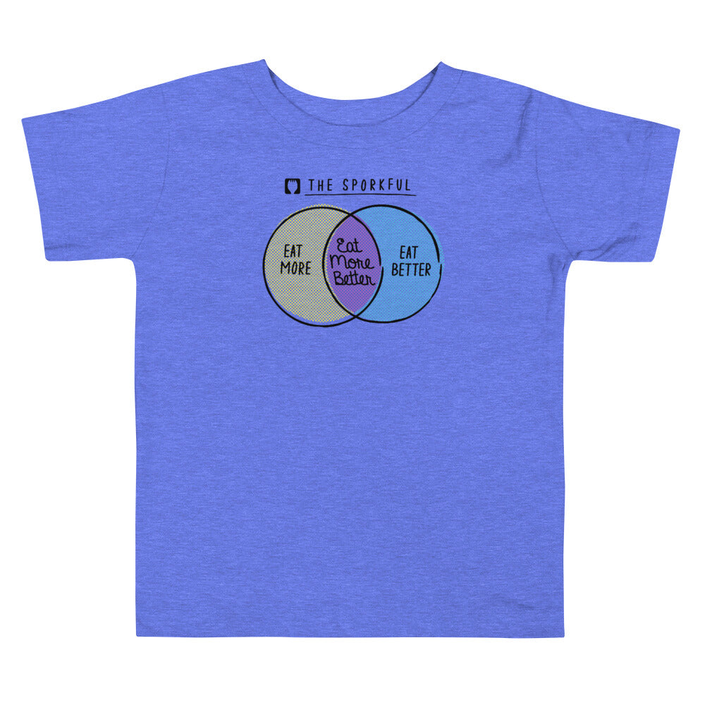 Blue toddler size T-shirt with an illustrated Venn diagram featuring the text 'Eat More,' 'Eat Better,' and 'Eat More Better' on the front.